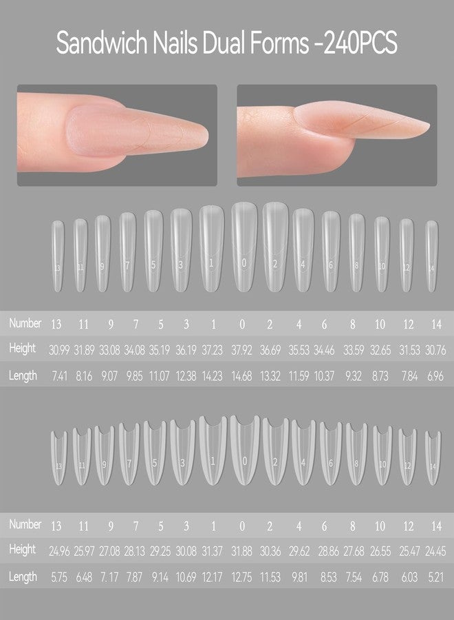 ESUOHYM 240 pcs Sandwich Dual Nail Forms Reusable Quick Nails Extension Mold for Builder Structure Poly Gel,15 Sizes Long Oval Bulider Forms with Almond Shape Guide Lines Nail Art Tools Salon Home - Image 2